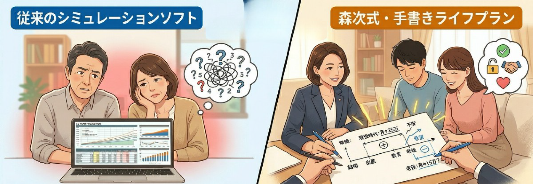 データを提示して困っている人と、未来を可視化して前向きに考えている人の比較イラスト